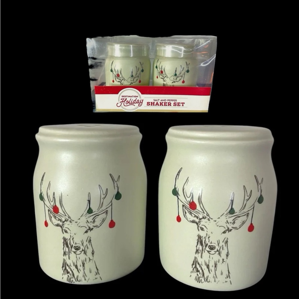 Christmas Deer Salt & Pepper Shakers Antlers Ornaments Ecru Green Red NEW NIB